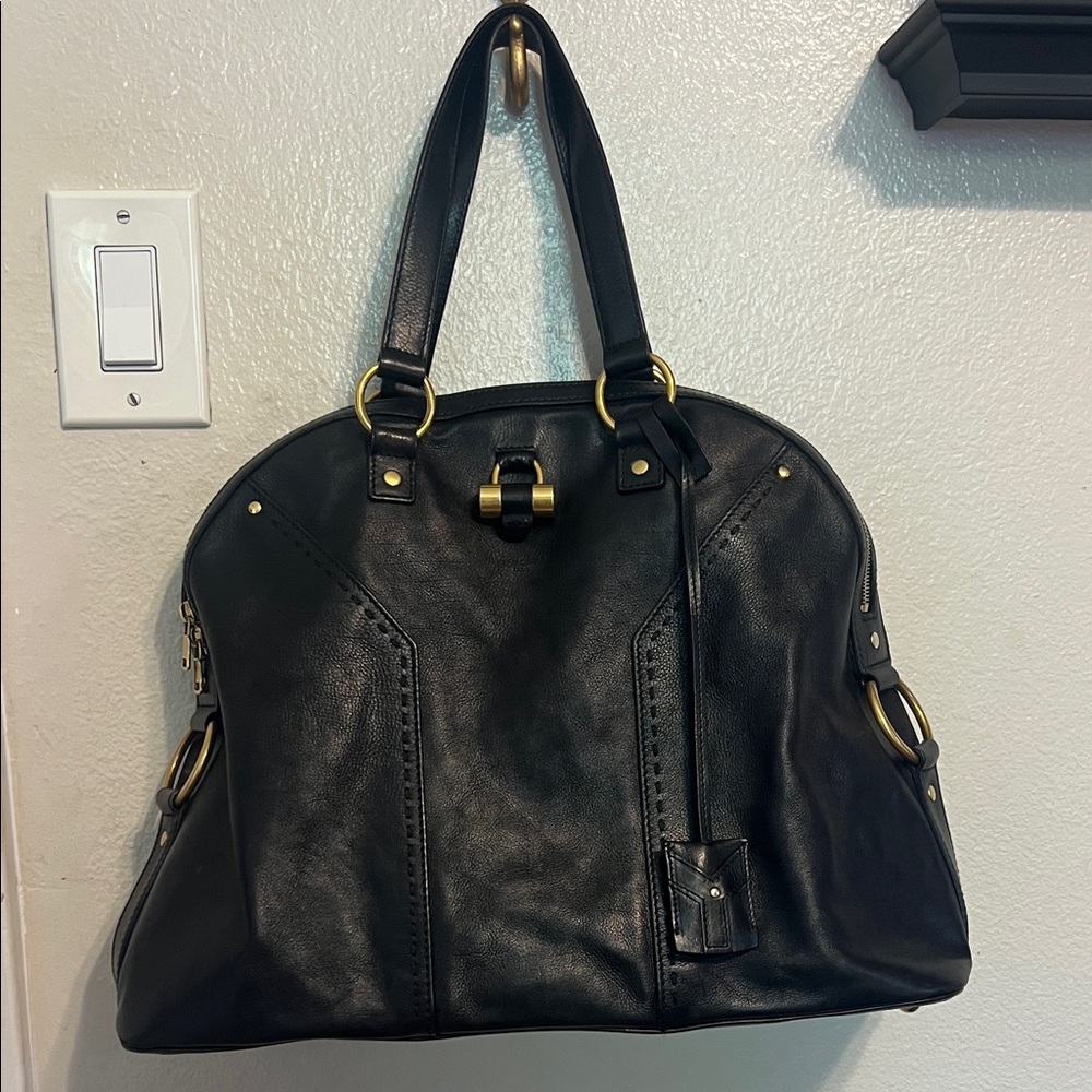 Yves Saint Laurent Large Muse Black Leather Tote with Gold Hardware Accents